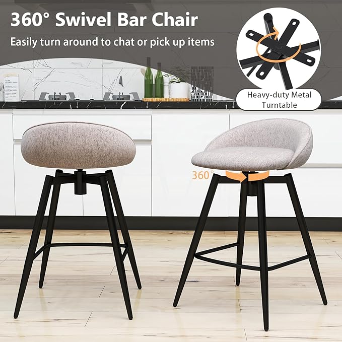 COSTWAY Bar Stools Set of 4, 25" Upholstered Counter Height 360° Swivel Bar Stools w/Backrest & Footrest, Heavy-Duty Metal Frame Armless Breakfast Chairs for Kitchen, Living Room (Set of 4,Grey)
