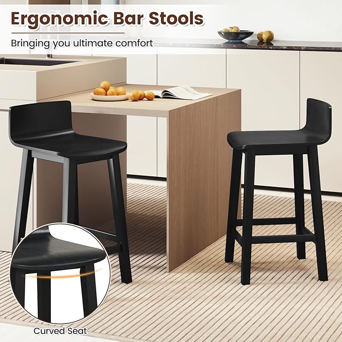 COSTWAY Solid Wood Bar Stools Set of 4, 24.5-inch Counter Height Chairs with Low Back and Footrest, Farmhouse Wooden Armless barstools for Kitchen Island, Dining Room, Cafe, Breakfast, Black