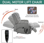 Power Lift Recliner Chair for Elderly, Oversized Chenille Electric Recliners Chairs for Living Room, Dual Motor 180° Lay Flat Recliner Big Sofa with Massage and Heating, Heavy-Duty, Light Grey