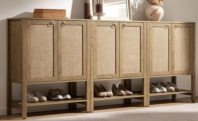 SICOTAS Shoe Cabinet with Storage - 3 Pieces Farmhouse Boho Shoe Organizer with Rattan Doors & Shelves, 5 Tier Free Standing Shoe Rack Storage Cabinet for Entryway, Living Room, Closet (Carbon Cherry)