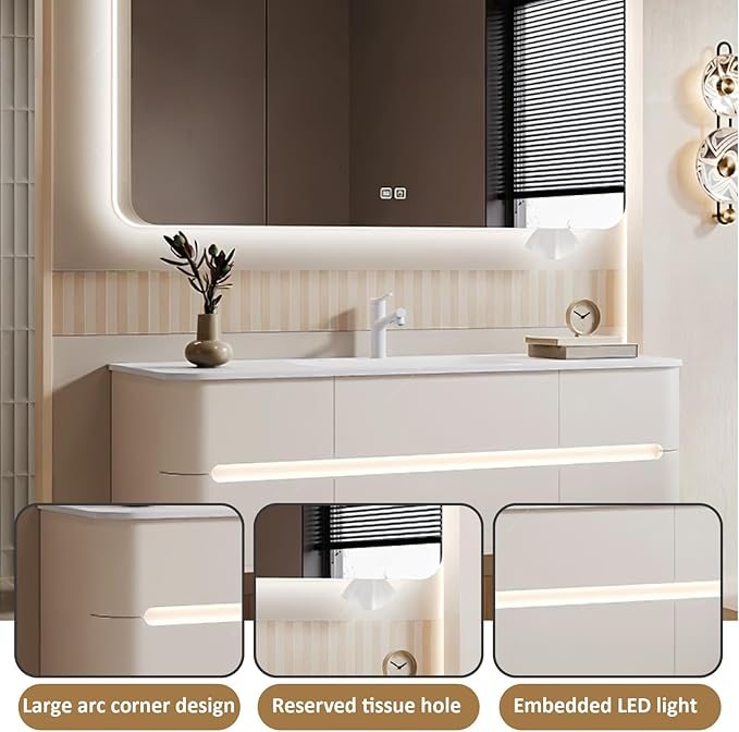 32IN Bathroom Vanity - Bathroom Vanity with Sink with Intelligent Induction Light | Wall-Mounted Bathroom Vanity with Intelligent LED Mirror Cabinet & 6 Drawers, Cream Color
