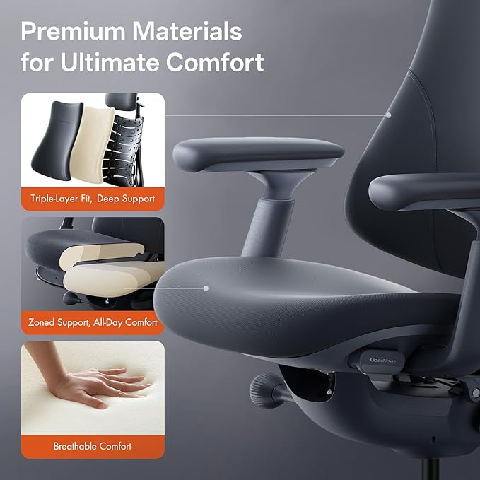 LiberNovo Dynamic Ergonomic Office Chair - Comfy Adjustable Desk Chair with Adaptive Lumbar Support, 160° Recline & Built-in Spine Stretch for Back Comfort, Home Office Long Hours Use, Black+48cm