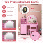 GLACER Kids Vanity, Wooden Toddler Vanity with Lighted Mirror, Drawer & Cabinet, Storage Shelves, Princess Kids Vanity Table and Chair Set, Girls Vanity for Little Girls Ages 3+ (Pink)