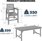 7 Piece Patio Dining Set with 11ft Patio Umbrella (Gray), 7 Gray Outdoor HDPE Dining Set with 6 Chairs + 1 Large Table with 2" Umbrella Hole, for Market, Pool, Garden, Backyard, Deck