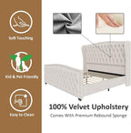 AMERLIFE Queen Size Platform Bed Frame, Velvet Upholstered Bed with Deep Button Tufted & Nailhead Trim Wingback Headboard/No Box Spring Needed/Cream