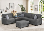 Wanderwell Oversized Modular Sectional Sofa, 6-Seater U Shaped Couches with Movable Ottoman,Corduroy Sectional Couch with Wide and Deep Seats Suitable for Living Room,Bedroom,Apartment (Grey, L-6)