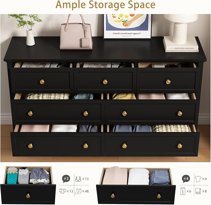 LYNSOM Black Dresser for Bedroom with 7 Drawers, Modern Wide Chest of Storage Drawer with Gold Handles, TV Stand Dresser, Wood Dressers for Bedroom, Living Room, Hallway, Entryway, 55’’