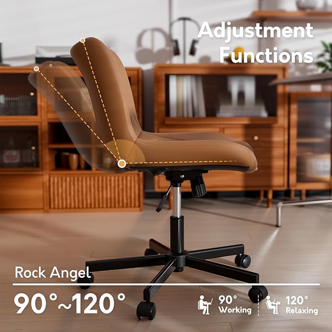 Brown Leather Armless Desk Chair, Soft Ergonomic Cushion, Height Adjustable, Rocking, Home Office