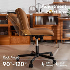 Brown Leather Armless Desk Chair, Soft Ergonomic Cushion, Height Adjustable, Rocking, Home Office