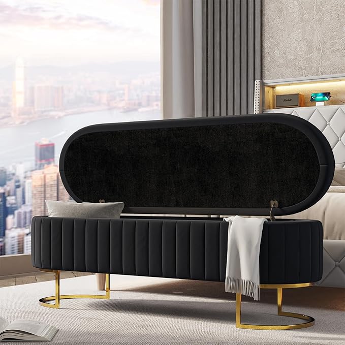 EcoHarbor Living 55.5" Storage Bench Ottoman End of Bed Bench Bedroom Bench, Upholstered Velvet Long Window Bench Large King Size with Gold Legs, Flipping Lid Entryway Footrest (Black)
