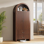 FURSUN 71" Tall Fluted Arched Bookshelf with Doors, Wood Pantry Storage Cabinet with 2 Large Drawers, Modern Versatile Bookcase for Living Room, Kitchen, Dining(Dark Walnut)
