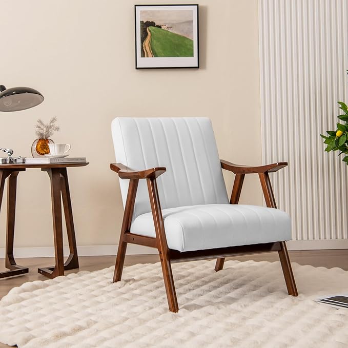 Giantex Mid-Century Modern Accent Chair, Upholstered Comfy Living Room Chair with Arms, Anti-Slip Felt Pads, Wooden Frame Soft Padded Armchair for Living Room Bedroom Office Study, Beige