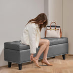 VEVOR Button-Tufted Storage Ottoman Bench, PU Leather Bench with Storage and Solid Wood Legs, Modern Shoe Benches Seat for Entryway, Upholstered End of Bed Benches for Living Room, Dining Room, Gray