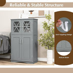Tangkula Freestanding Floor Cabinet w/2 Glass Doors, 3-Level Adjustable Shelves, Anti-toppling Design, Kitchen Pantry Cupboard for Bathroom, Living Room (Grey)