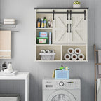 Vabches Bathroom Wall Cabinet, Farmhouse Medicine Cabinet with Double Sliding Barn Door and Adjustable Shelves, Wooden Vintage Storage Cabinet Wall Mounted for Bathroom, Kitchen, White and Black