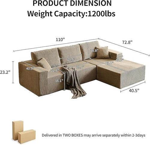 110" Boneless Cloud Sectional Couch for Living Room, Compressed Modular L-Shaped Sofa with Deep Seat, Frameless Corduroy Couch in Boxes, No Assembly Required 3-Seater (Right-Facing Chaise, Grey)