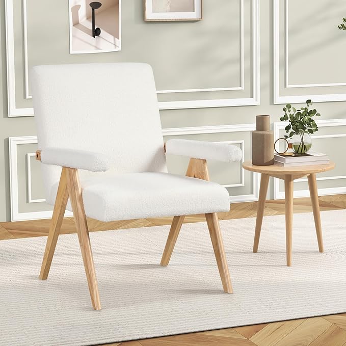 Giantex Mid-Century Modern Accent Chair, Sherpa Fabric Reading Chair with Padded Armrests, Solid Rubber Wood Frame, Upholstered Side Arm Chair for Living Room, Bedroom, Office, Beige