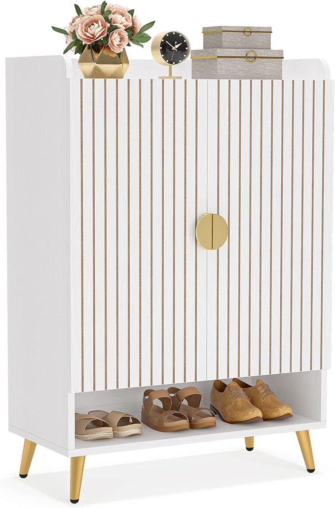 Tribesigns Shoe Cabinet with Doors, 6-Tier Shoe Storage Cabinet with Adjustable Shelves, Wooden Shoes Rack Shoe Storage Organizer for Entryway, Hallway, Closet, Living Room, White & Gold