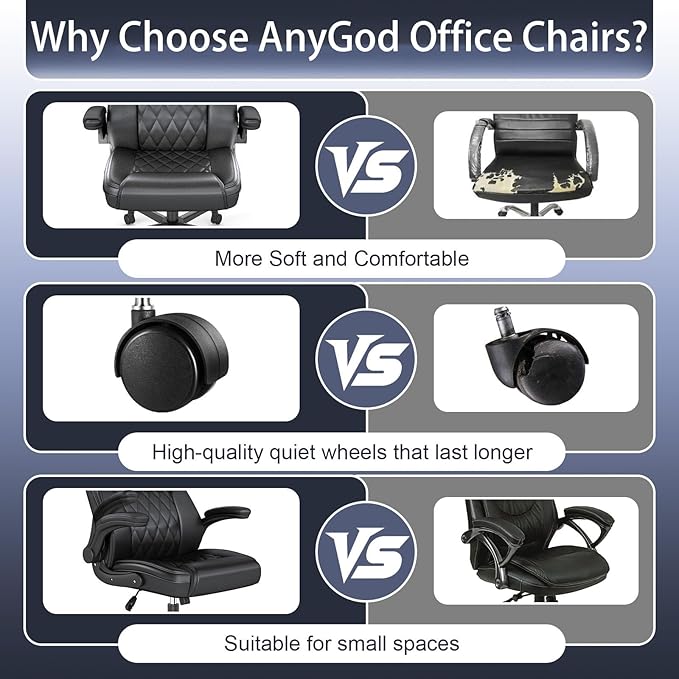 AnyGod Executive Leather Office Chair, Ergonomic Mid-Back Desk Chairs Comfy for Home Office with Flip-up Armrests, Lumbar Support, Adjustable Height and Swivel Rolling Wheels
