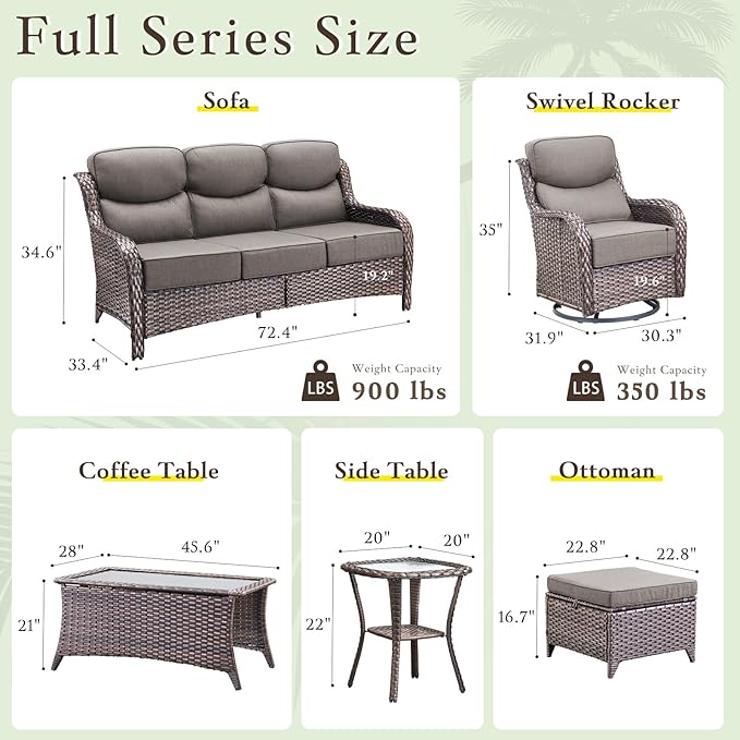 Luxury High Back Outdoor Furniture with 6-inch Extra Thick Cushions, Patio Furniture Set with Swivel Chairs, 7 PCS Wicker Conversation Set for Yard, Deck, Poolside, Brown/Grey