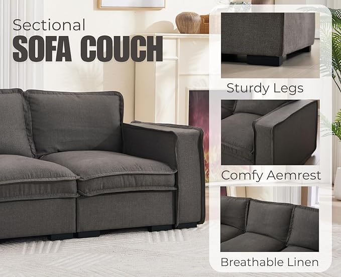 EALSON 119" Modular Sectional Sofa Modern Comfy 4-Seater Couch Sofa Linen Fabric Upholstered Cloud Couches with 24" Deep Seat and Wooden Legs for Bedroom/Living Room/Office, Grey