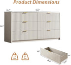 3-Piece Dresser Bedroom Set, 6 Drawer Dresser & 3 Drawer Nightstands with Gold Handles, Fluted Wood Chest of Drawers for Bedroom, Living Room, Entryway, Beige