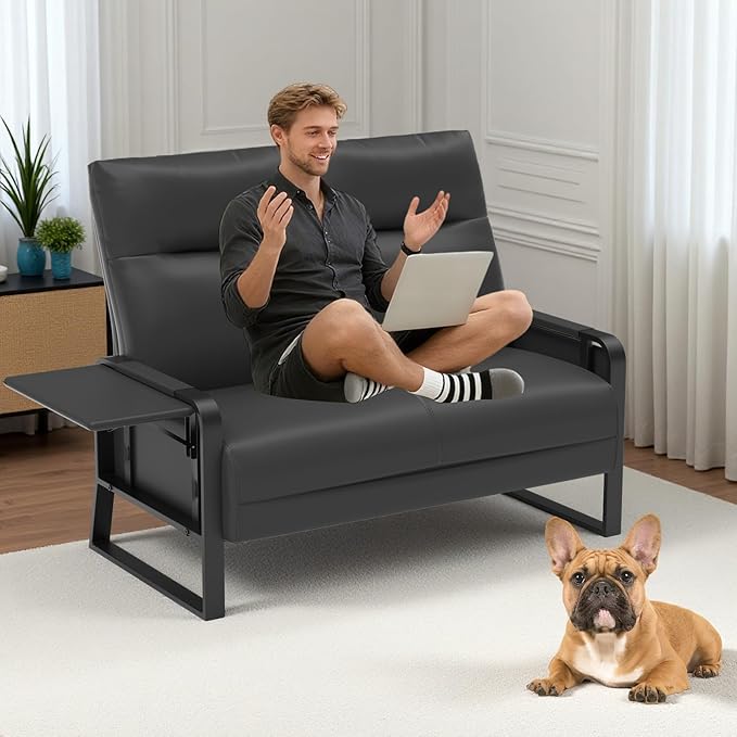 Faux Leather Loveseat, Upholstered Loveseat with Side Tray Table & Storage Pocket, Small Loveseat for Living Room, Modern 2 Seater Sofa Couch for Small Spaces, Bedroom, Black