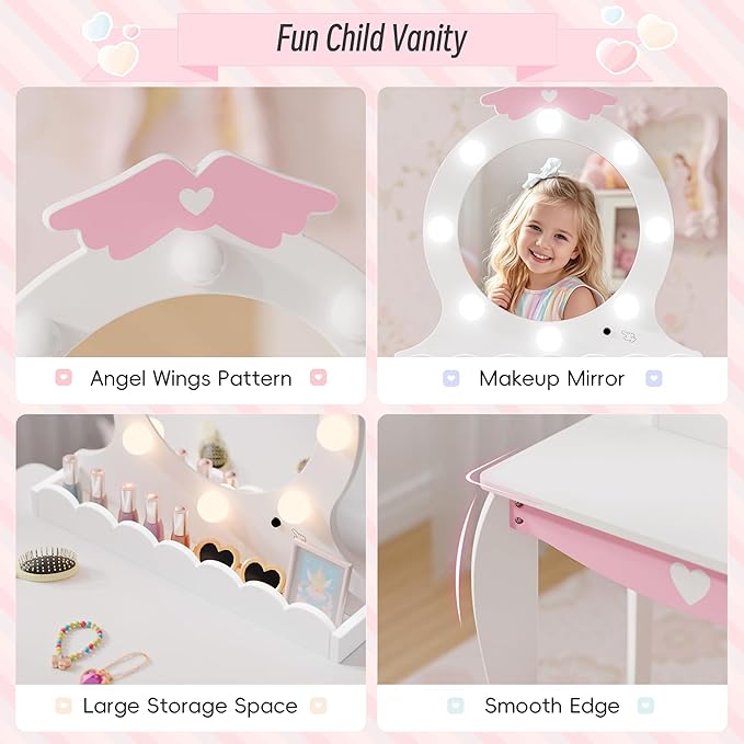 TOLEAD Girls Vanity with Lights, Mirror and Stool, Kids Make Up Vanity Set with Storage Space, Wing Pattern for Little Girls, Toddler Princess Makeup Dressing Table with Chair Set, White
