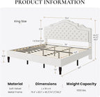 SHA CERLIN King Size Bed Frame with Adjustable Headboard/Velvet Upholstered/Diamond Button Tufted and Metal Studs/No Box Spring Needed/Sturdy Wood Slat Support/Easy Assembly/White