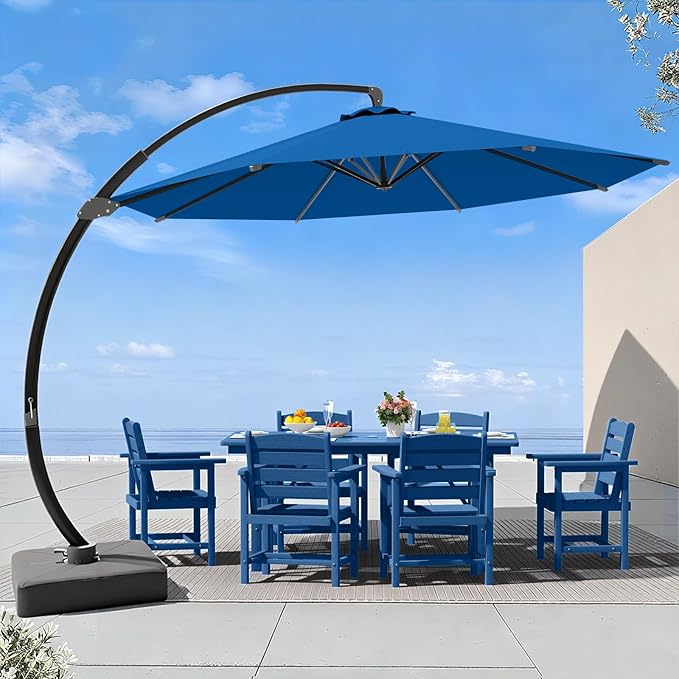 7 Piece Patio Dining Set with 11ft Patio Umbrella (Royal Blue), 7 Navy Outdoor HDPE Dining Set with 6 Chairs + 1 Large Table, for Market, Pool, Garden, Backyard, Deck