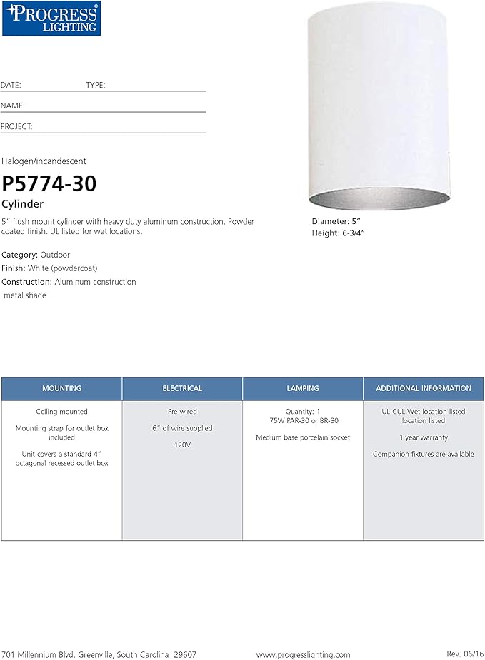 Progress Lighting 5-Inch Cylinder Outdoor Ceiling Light, 1-Light Modern Flush Mount Ceiling Fixture, Interior and Exterior Lighting for Home or Porch, Aluminum Construction, White, P5774-30