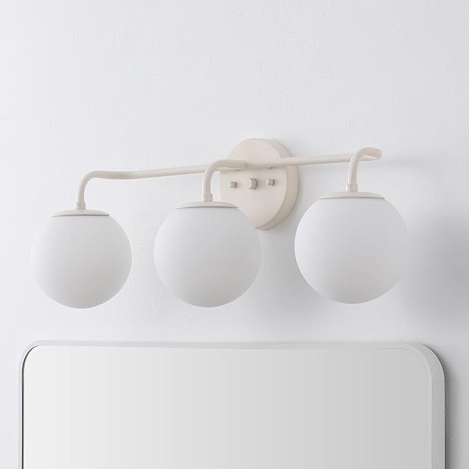 JONATHAN Y JYL3536C Louis Parisian Globe 25" 3-Light Metal/Frosted Glass Modern Contemporary LED Vanity Light Midcentury, Glam, Transitional, Bathroom, Powder Room, Dressing Room, Bedroom, Almond