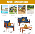 COSTWAY 4 Pieces Acacia Wood Patio Conversation Set, Outdoor Wicker Sofa with Coffee Table & Cushions, Patio Rattan Furniture Set for Yard, Porch, Poolside, Balcony, Backyard, Navy