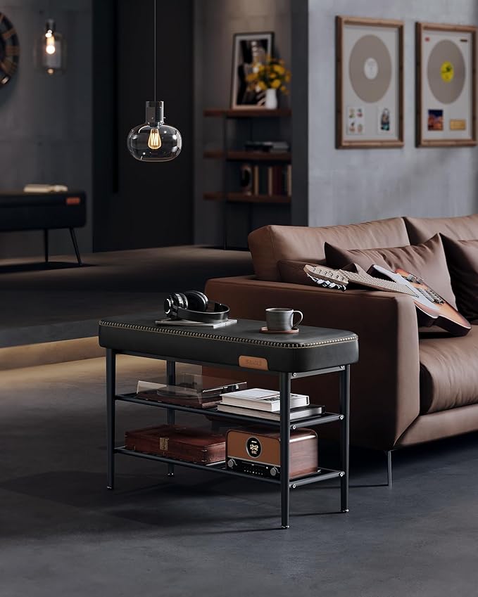 VASAGLE EKHO Collection - Shoe Rack Bench, Storage Bench for Entryway, Synthetic Leather with Stitching, Mid-Century Modern, Loads 300 lb, 11.8 x 31.5 x 19.7 Inches, Ink Black ULSB054B01