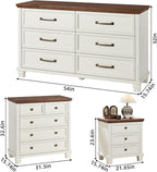 Farmhouse Bedroom Dresser and Nightstand Set of 4, 6 Drawer Low & 5 Drawers Dresser & 3 Drawer Nightstand Set with Wooden Legs, Rustic Wood Bedroom Furniture for Livingroom, Hallway, White