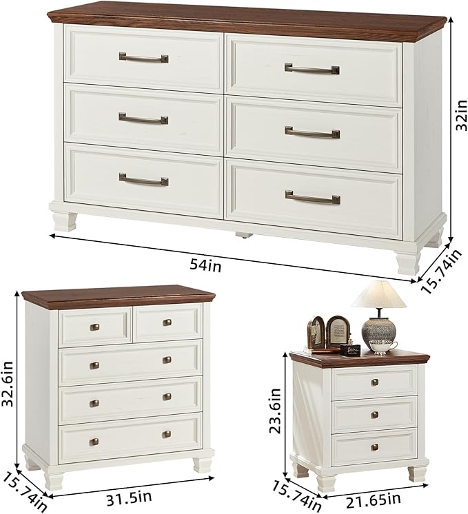 Farmhouse Bedroom Dresser and Nightstand Set of 4, 6 Drawer Low & 5 Drawers Dresser & 3 Drawer Nightstand Set with Wooden Legs, Rustic Wood Bedroom Furniture for Livingroom, Hallway, White