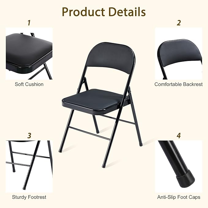 Black Folding Chairs 20 Pack with Padded Cushion and Back, Foldable Outdoor Chairs with 330-LBS Capacity, Portable Heavy Duty Metal Frame Commercial Seat for Party Kitchen Dinning Events Wedding