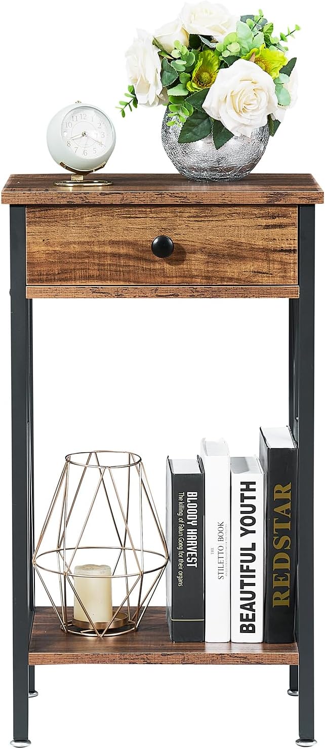 VECELO Tall Nightstand Set of 2,27.6 inch Wooden End Table with Metal X-Frame,Side Table with Drawer and Storage Shelf for Living Room Bedroom Entryway Small Spaces