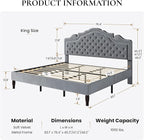 SHA CERLIN King Size Platfrom Bed Frame with Adjustable Headboard/Velvet Upholstered Diamond Button Tufted and Metal Studs/No Box Spring Needed/Easy Assembly/Woodenen Slat Support/Light Grey