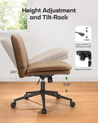 Marsail Armless-Office Desk Chair with Wheels: PU Leather Cross Legged Wide Chair,Comfortable Adjustable Swivel Computer Task Chairs for Home,Office,Make Up,Small Space,Bed Room, Brown