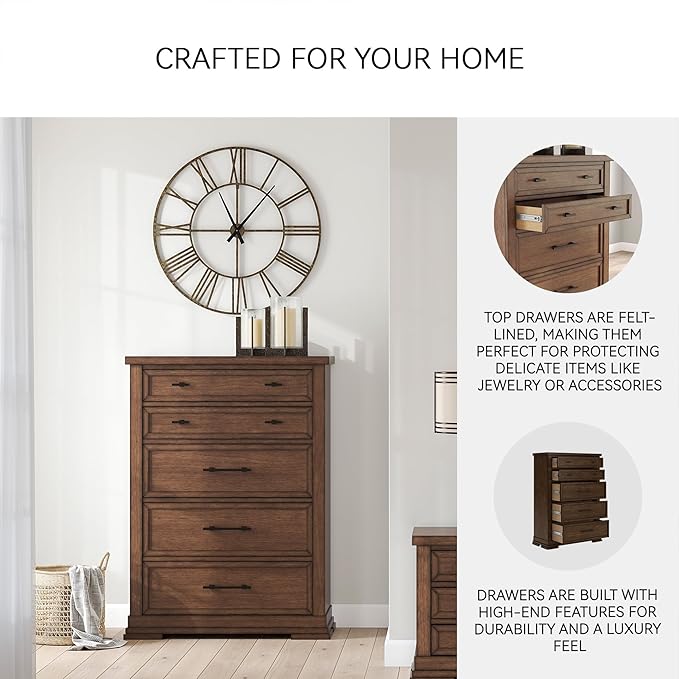 Signature Design by Ashley Taffenbrook Farmhouse 5-Drawer Chest with Felt-Lined Top Drawer and Easy Glide for Bedroom, Dark Brown