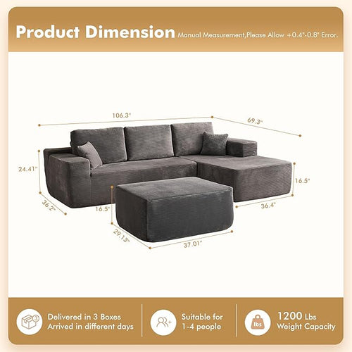 106" Cloud Sectional Couch with L-Shape Chaise & Ottoman, No Assembly Modular Sofa, Deep Seat Corduroy Boneless Couched for Living Room (Gray Stripe Corduroy, Right Facing Chaise with Ottoman)