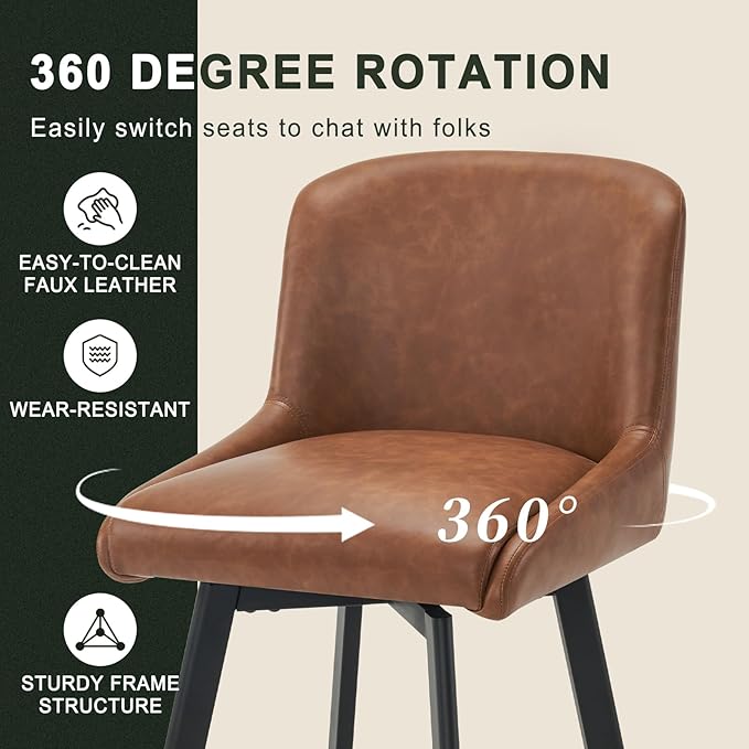 Swivel Bar Stools Set of 2, 26''H Upholstered Barstools with Backs, Modern Counter Height Bar Stool Chairs for Kitchen Island, Metal Legs, Faux Leather, Brown Counter Stools