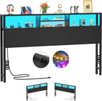 Aheaplus Headboard for King Size Bed with Storage, Headboards with Outlets, USB Ports and LED Light, King Size Head Board Only, Height Adjustable, Reversible, Sturdy and Stable Headboard, Black