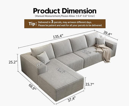 135.4" Cloud Sectional Couch with L-Shape Chaise,Modern Modular Sofa with Deep Seat, Upholstered Couches for Living Room Bedroom Apartments,No Assembly Required, (Grey,Left Facing Chaise)
