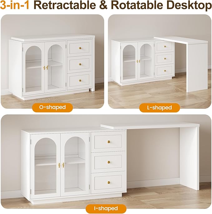 RoyalCraft L Shaped Home Office Desk, Large Extendable and Rotatable Desk with 3 Drawers and 2 Doors, Corner Computer Desk, Modern Study Writing Table for Bedroom, Home Office, White