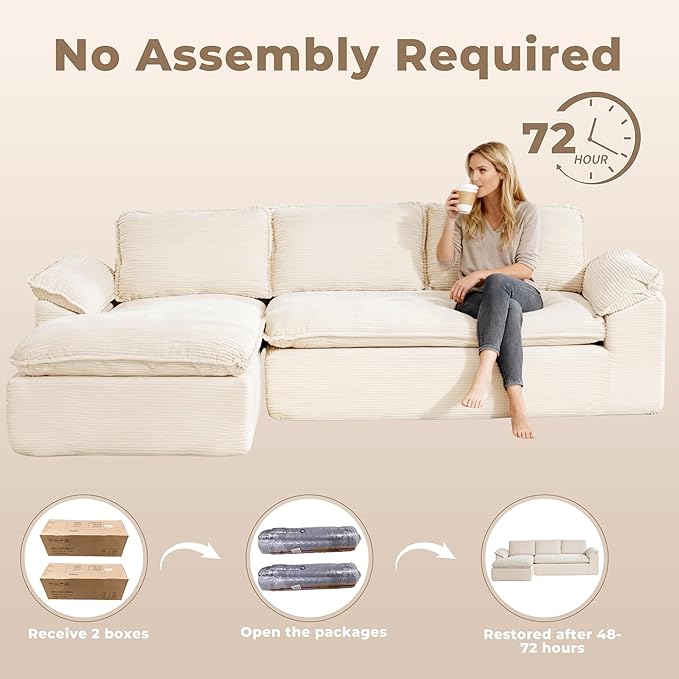 Modular Sectional Sofa, 107.5" L-Shaped Boneless Couch with Deep Seat, Modern Minimalist Upholstered Cloud Sectional Couch for Living Room Bedroom, No Assembly Required, Beige Corduroy