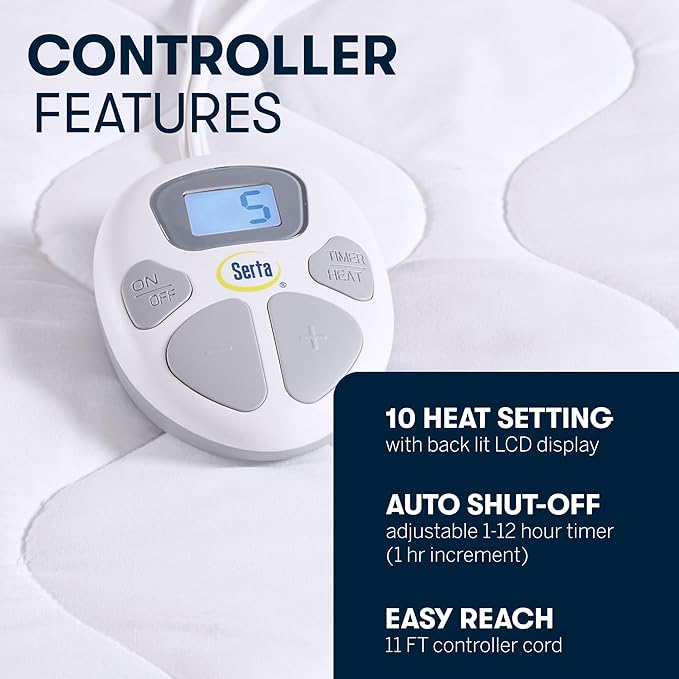Serta Heated Mattress Pad Twin Size - Electric Mattress Pad, 10 Heat Setting Controller, Auto Shut Off Timer, Deep Elastic Pocket, Up to 17", ETL Certified, Machine Wash, White (Pack of 2)