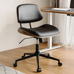 Armless Office Chair with Wheels, PU Leather Adjustable Height Desk Chair - 360° Swivel Ergonomic Computer Chair for Small Space, Modern Walnut Style, Home & Meeting Room, Black