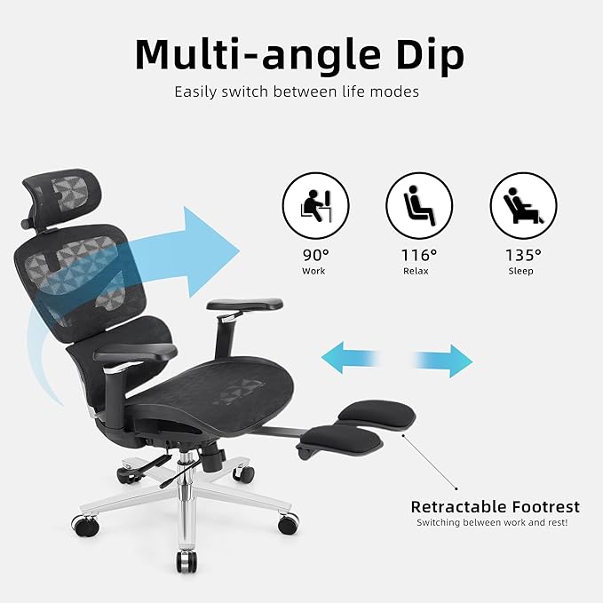 Ergonomic Home Office Desk Chair with Massage Lumbar Support，4D Headrest & 5D Armrests, Reclining Big and Tall 400LBS Mesh Chair with Footrest，Adjustable Back High and Seat Depth(Black)